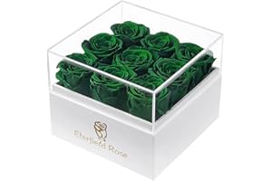 Eterfield Preserved Roses That Last a Year Eternal Rose in a Box Real Rose Without Fragrance Gift for Her (9 Blackish Green Roses, Square White Box)
