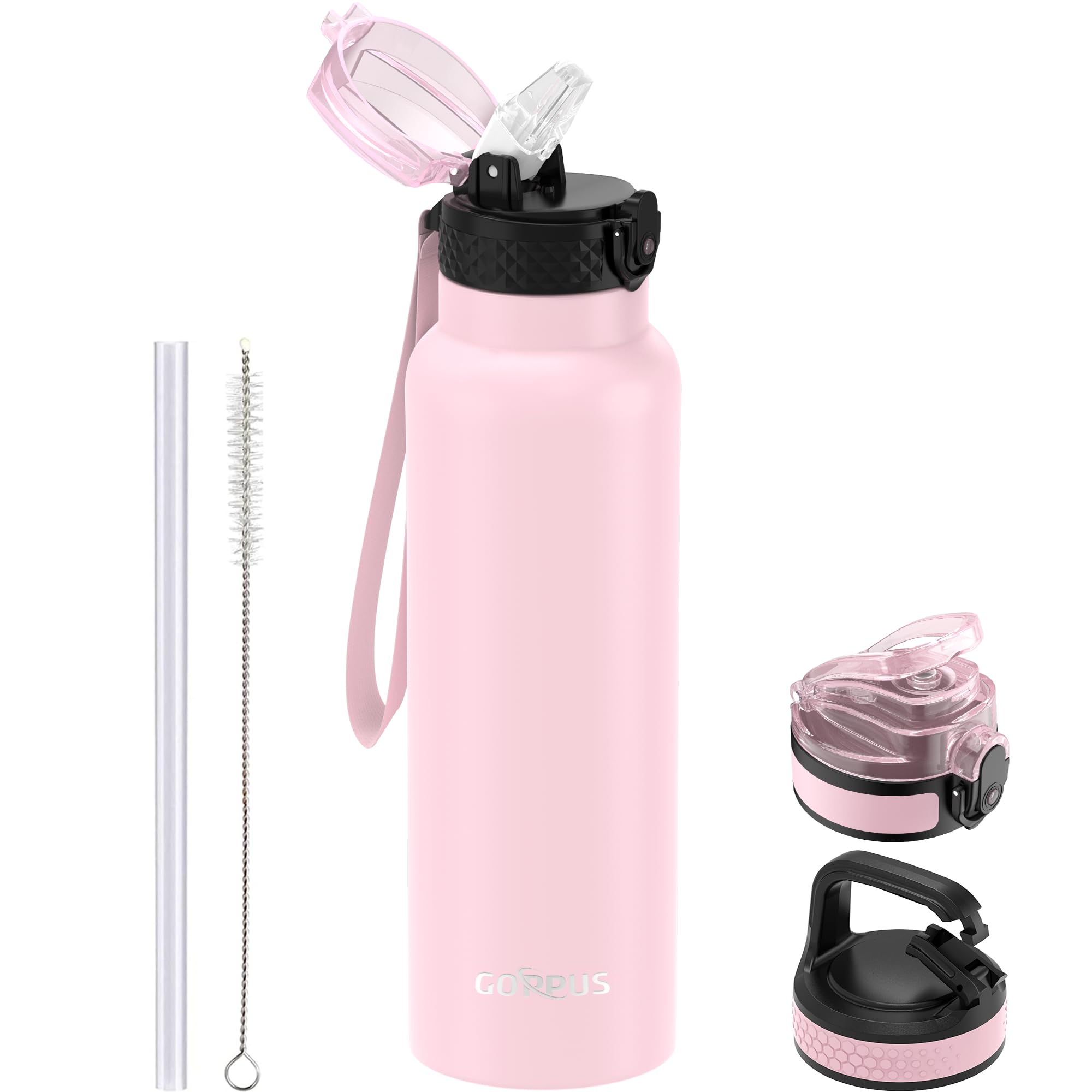 GOPPUS 750ml/26oz Stainless Water Bottle with Straw Double Wall Insulated Bottles with Strap Reusable Vacuum Thermal Flask Leakproof Keep Cold Drinks Bottles with Flip Top Lid for Men Women BPA Free