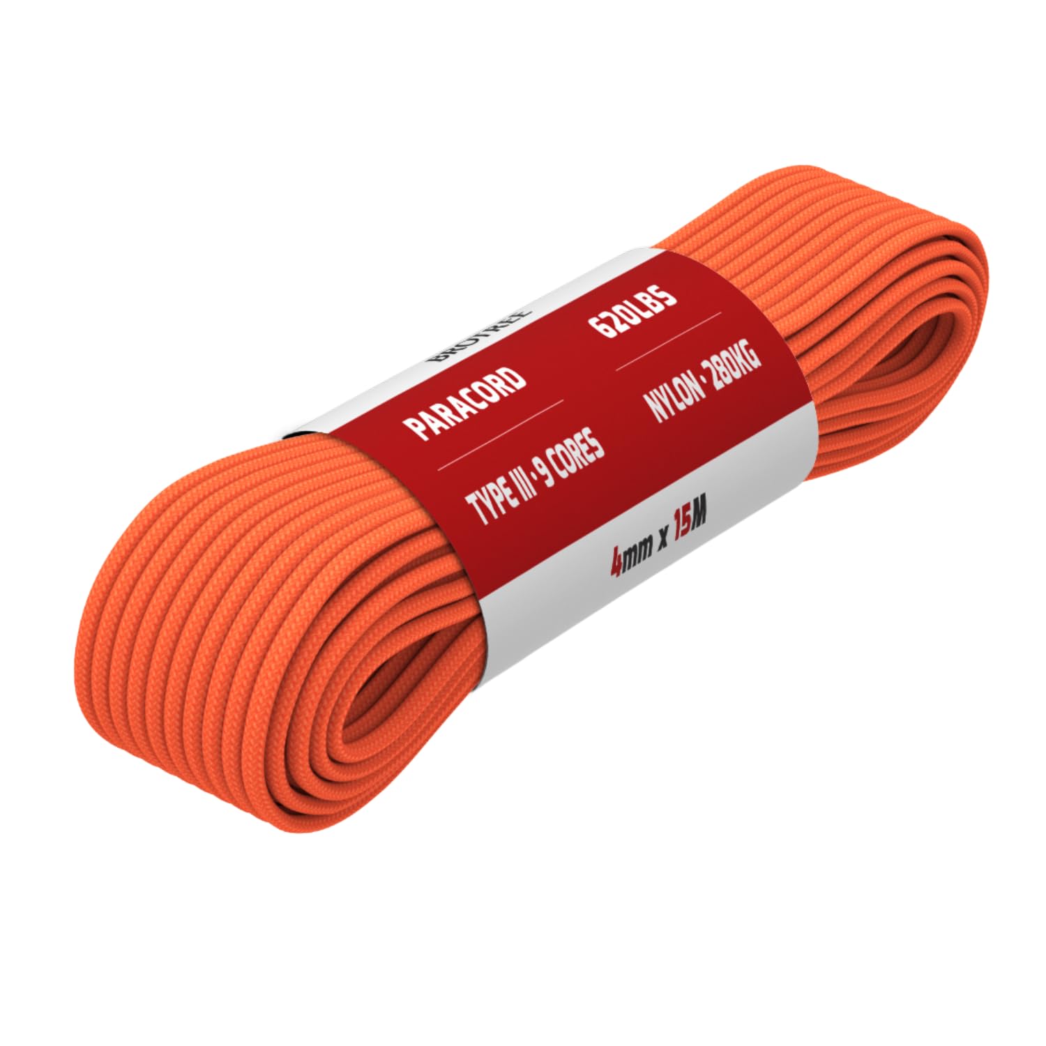 Brotree Paracord 4mm 15M 9 Strands 100% Nylon Rope Type 3 Parachute Cord for Outdoor, Bracelet, DIY - 280kg Breaking Load (Orange)