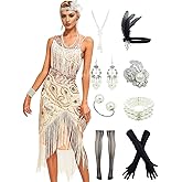 YENMILL Peacock-inspired 1920s Gatsby Beaded Flapper Sling Dress Womens Vintage Cocktail Dress W/Complete Accessories Set