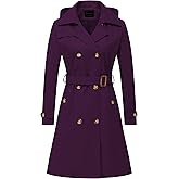 CREATMO US Women's Long Trench Coat Double-Breasted Classic Lapel Overcoat Belted Slim Outerwear Coat with Detachable Hood