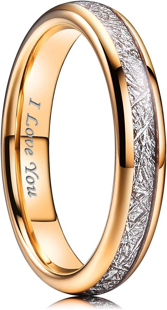NaNa Chic Jewelry 4mm Rose Gold/Silver Women Tungsten Carbide Ring Inner Hole Laser I Love You Inlay with Meteorite…