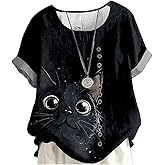 domirica Summer Tops for Womens Cute Cat Print Short Sleeve Blouses Crewneck Lightweight Casual Lounge Japanese Art Tops