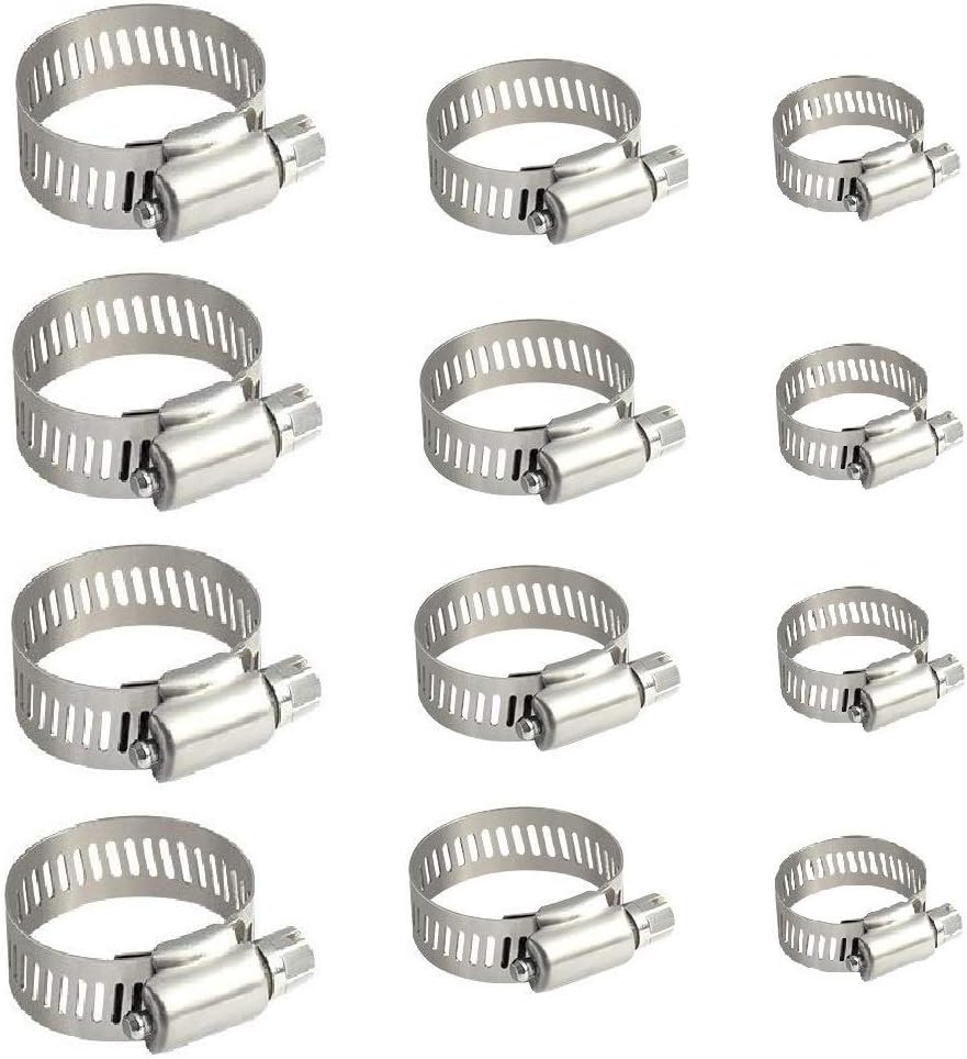 Topnisus 12pcs Set Adjustable Hose Clips Pipe Clamps Kits Rust Free (Full Size 12pcs), Silver, Full Size (12pcs)