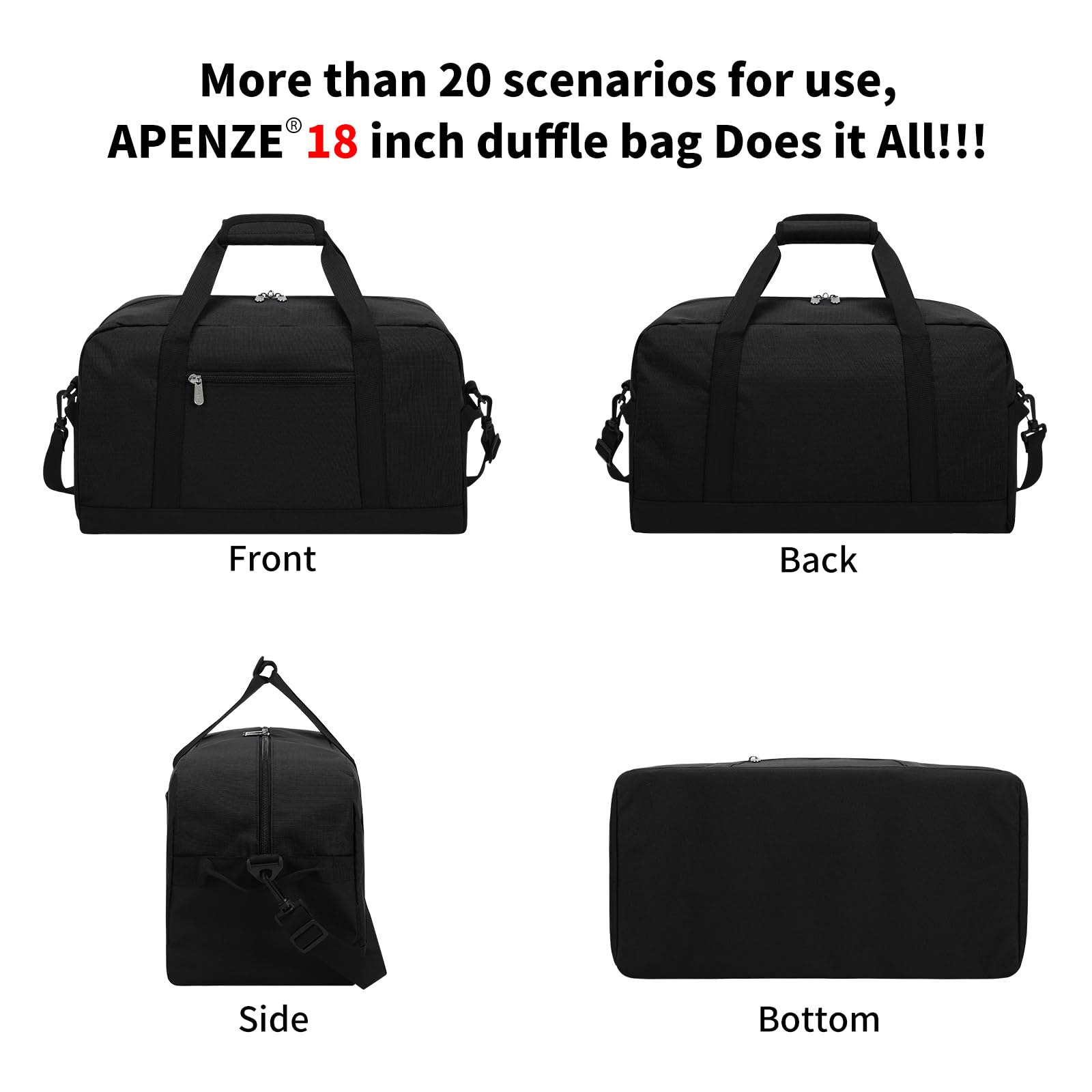 Apenze Small Gym Bag 18 inch Carry On Duffel Bag for Weekender Travel - Black