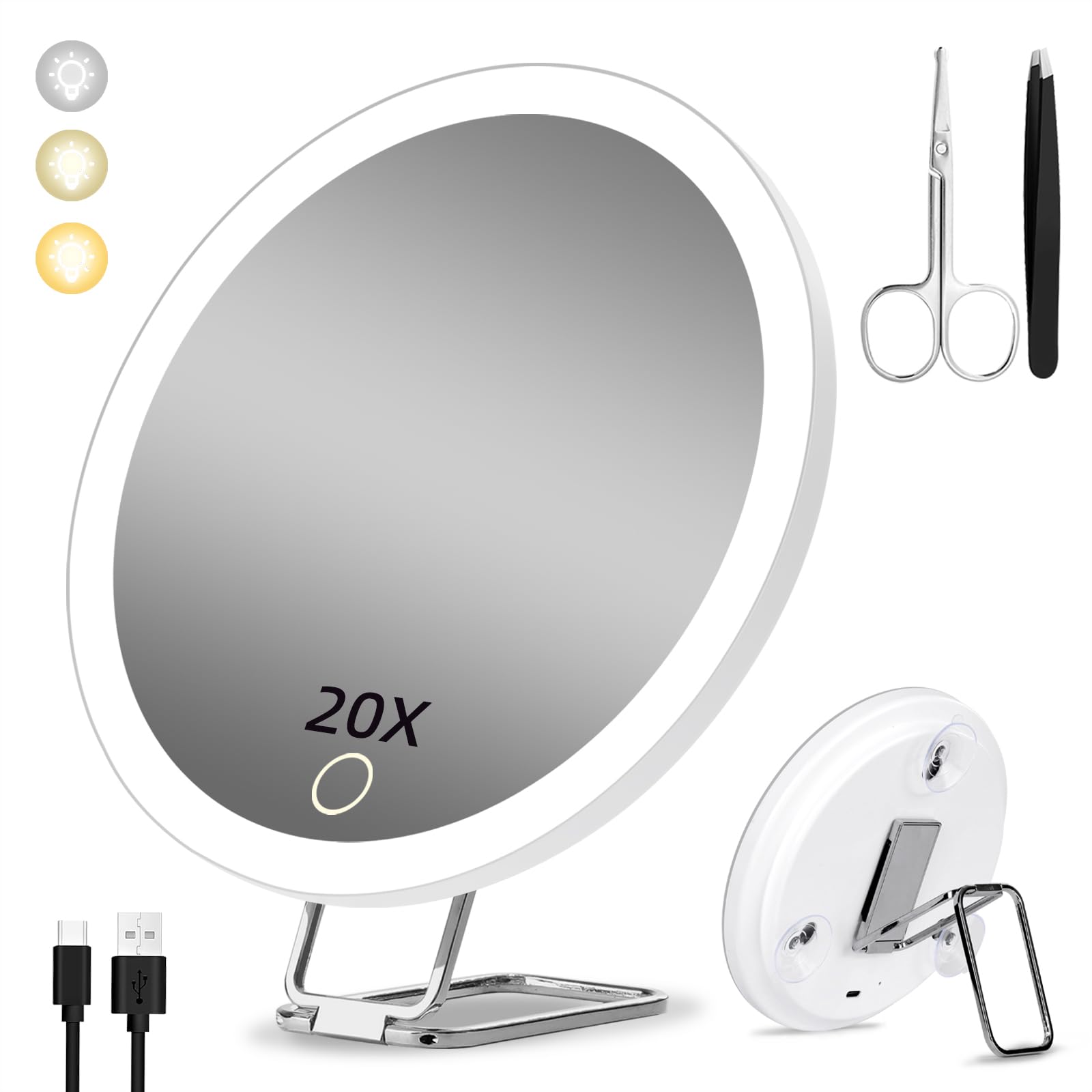 Suupvaor Magnifying Mirror with Light 20X, Travel Makeup Mirror with Magnification, 3 Colors Dimmable Light For Make up, Large 15cm, Rechargeable, With Tweezers & Scissors