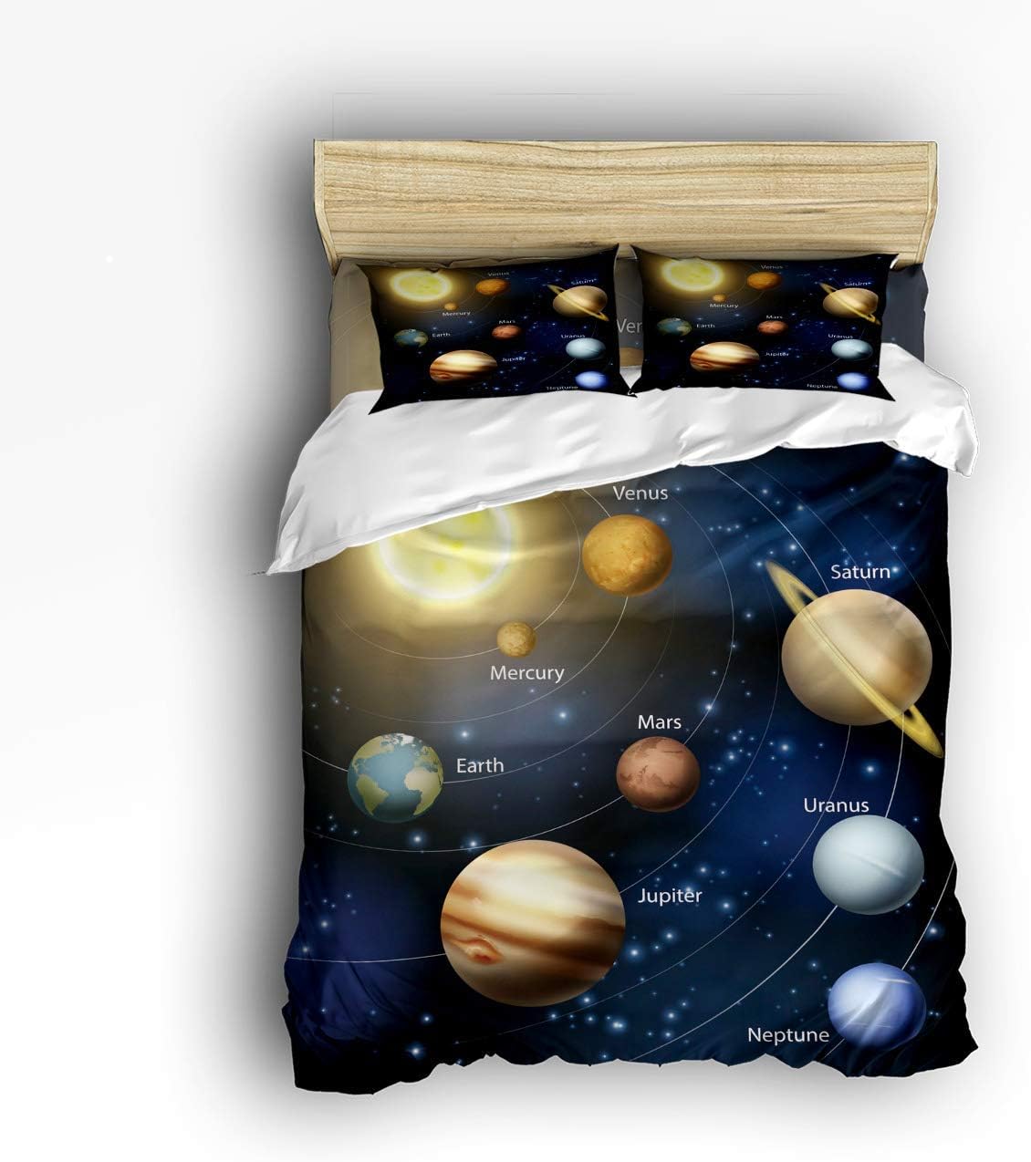 Cloud Dream Home 4 Piece Bedding Set,Solar System Orbit The Sun with Names of Planets Duvet Cover Set Quilt Bedspread for Childrens/Kids/Teens/Adults Full Size
