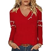 Women's Long Sleeve Christmas T-Shirts V-Neck Halloween Thanksgiving Valentine's Day St Patrick's Day Graphic Tees Tops