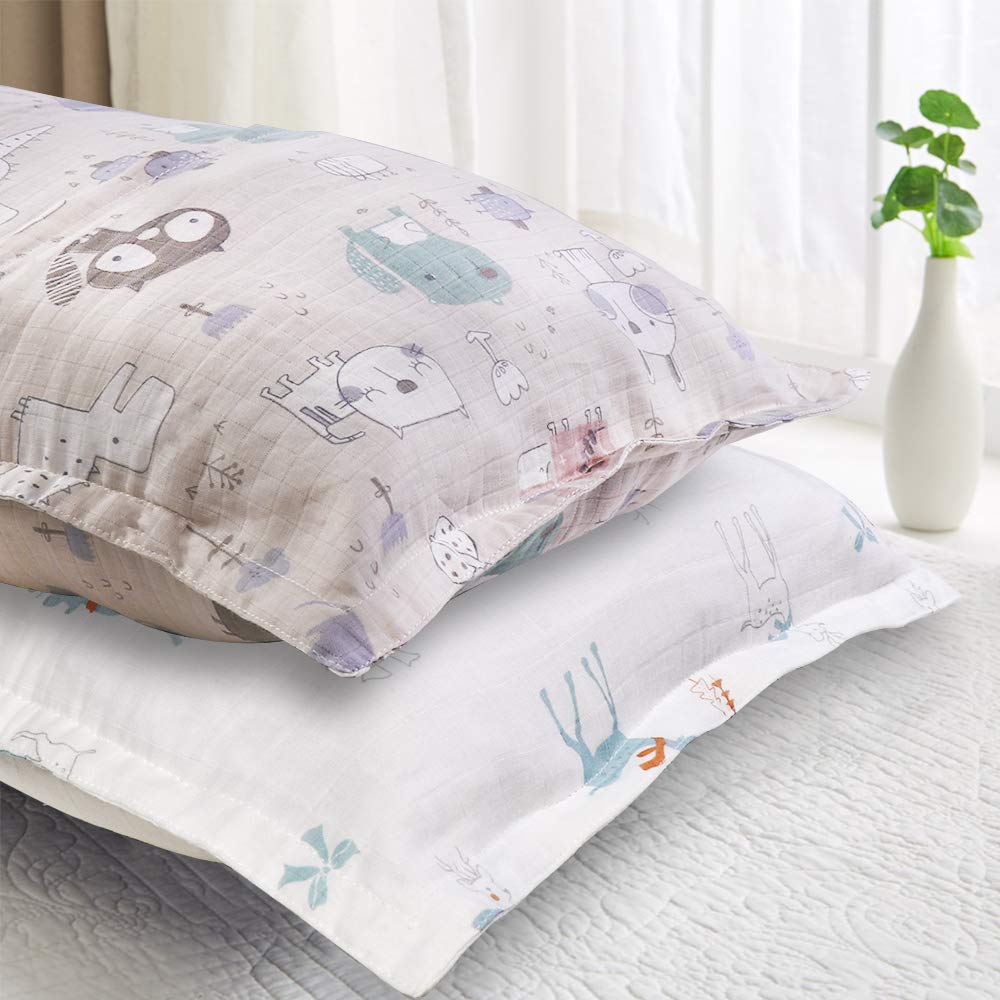 Kids Toddler Pillowcases 2 Pack Organic Cotton Baby Pillow Cover with Cute Animals Printing Comfortable Travel Pillow Cases for Boys and Girls Breathable Pillowslip Cases 13 x 18 Inches