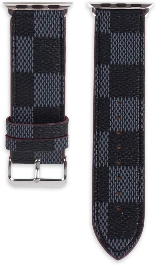 Compatible with Apple Watch 42mm 44mm Band, Luxurious Classic Plaid Stripe Genuine Leather Strap Anti-Fall Soft with Silver Metal Buckle for Apple iWatch Series 4/3/2/1 42mm/44mm Black
