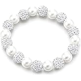 COOLSTEELANDBEYOND White Pearl and Rhinestone Ball Stretch Bracelet for Women, Elegant Beaded Design, Party Wedding