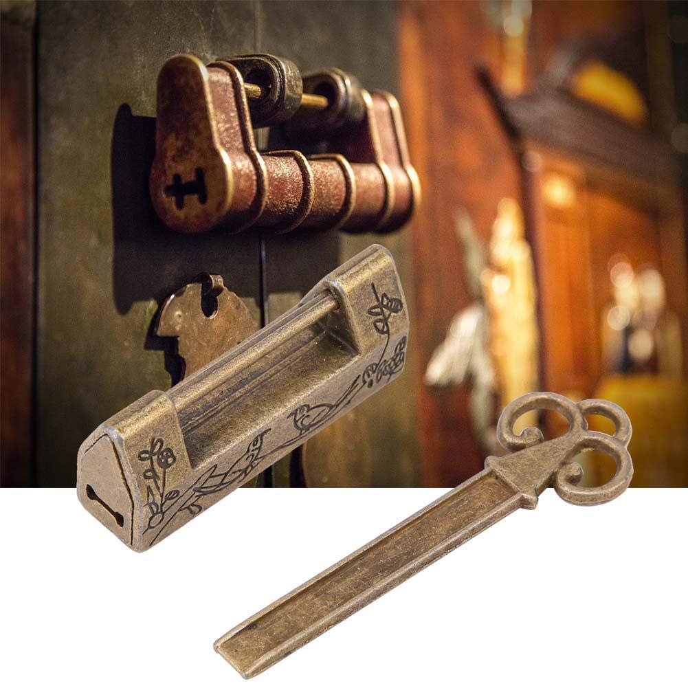 Vintage Chinese Bronze Padlock with Keys, Decorative Bird and Flower Pattern, Zinc Alloy Lock for Jewelry Box, Drawers, Mini Cabinets