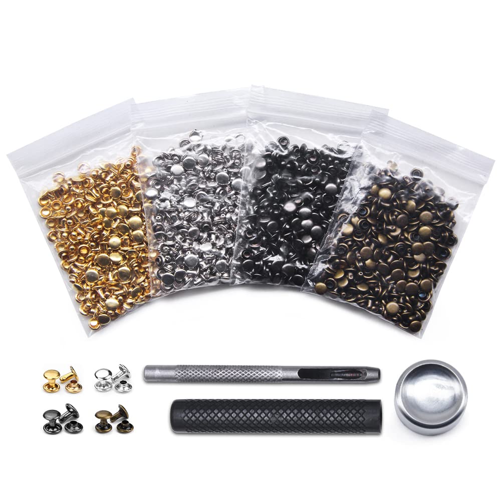 400 Sets Leather Rivets, Double Cap Rivet Tubular 4 Colors Metal Studs with Fixing Tools for DIY Leather Craft/Clothes/Shoes/Bags/Belts Repair Decoration (5x5mm)