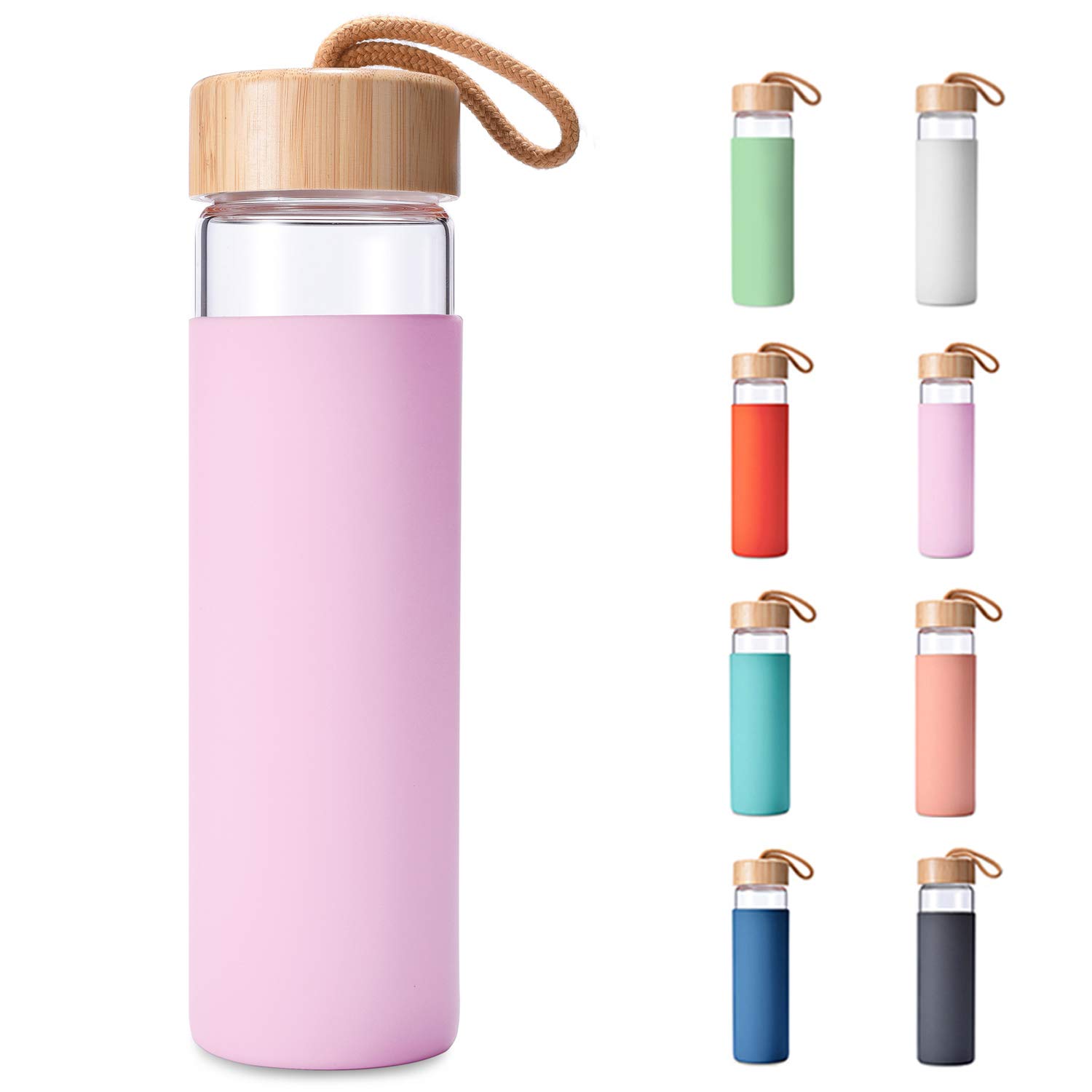Photo 1 of Yomious 20 Oz Borosilicate Glass Water Bottles with Silicone Sleeve BPA Free, Dishwasher Safe - Reusable Clear Glass Drinking with Leak Proof Bamboo Lid | Perfect Gym Water Bottles for Men & Women