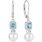 Inpasne Pearl Drop Earrings Dangling 925 Sterling Silver Emerald Cut Leverback Earrings Birthstone Jewelry for Women
