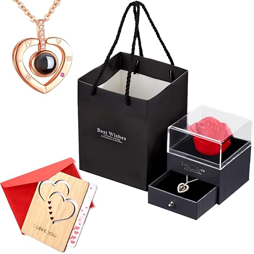 DALAETUS 3 Pcs Eternal Rose Gifts and I Love You Necklace and Wooden Greeting Card Set, Lover Red Rose Gift Box, Rose Gold Heart Projection Necklace, Gift for Girlfriend, Mother's Day