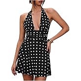 Milumia Women's Polka Dots Ruched Backless Halter Mini Dress Sexy Deep V Neck A Line Short Dresses