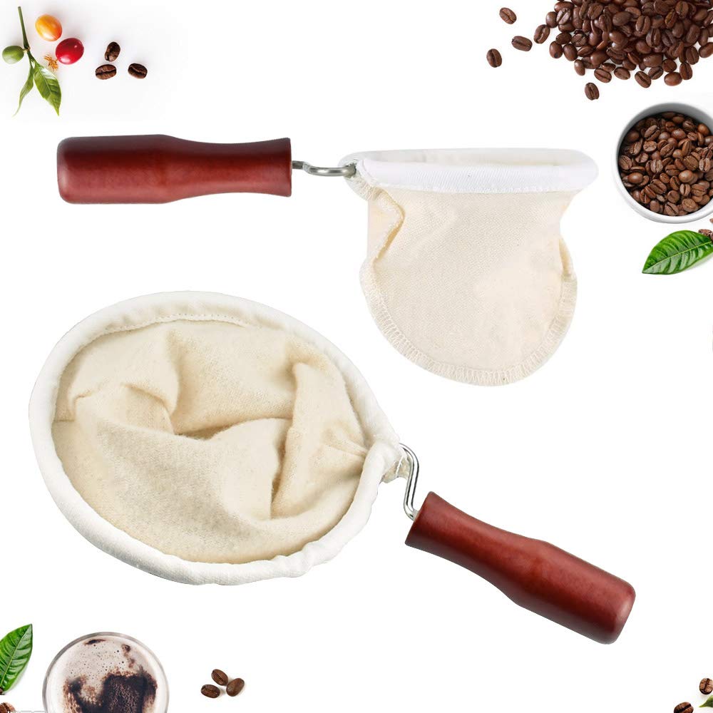 EMAGEREN 2 Pcs Coffee Filter Cloth Tea Filter Handmade Cafe Flannel Cloth Filter Bag Tea Strainer Coffee Sock Bag Reusable Flannel Coffee Dripper with Wooden Handle for Home Office Handmade Cafe Use