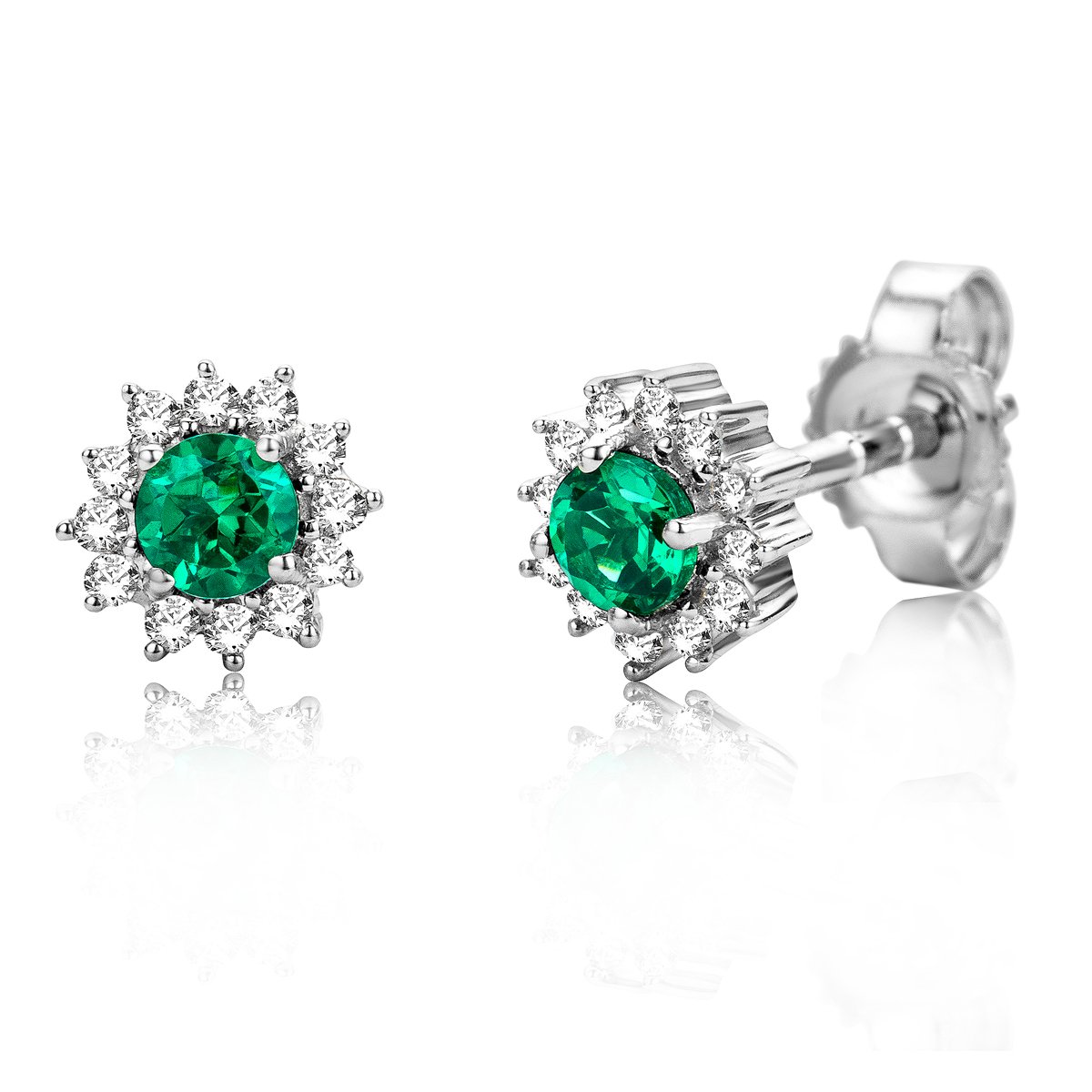 Miore Emerald and Diamond Earrings for women in White gold 9 karat (375) Studs with Brilliant cut diamonds 0.10 carat- size 6 mm
