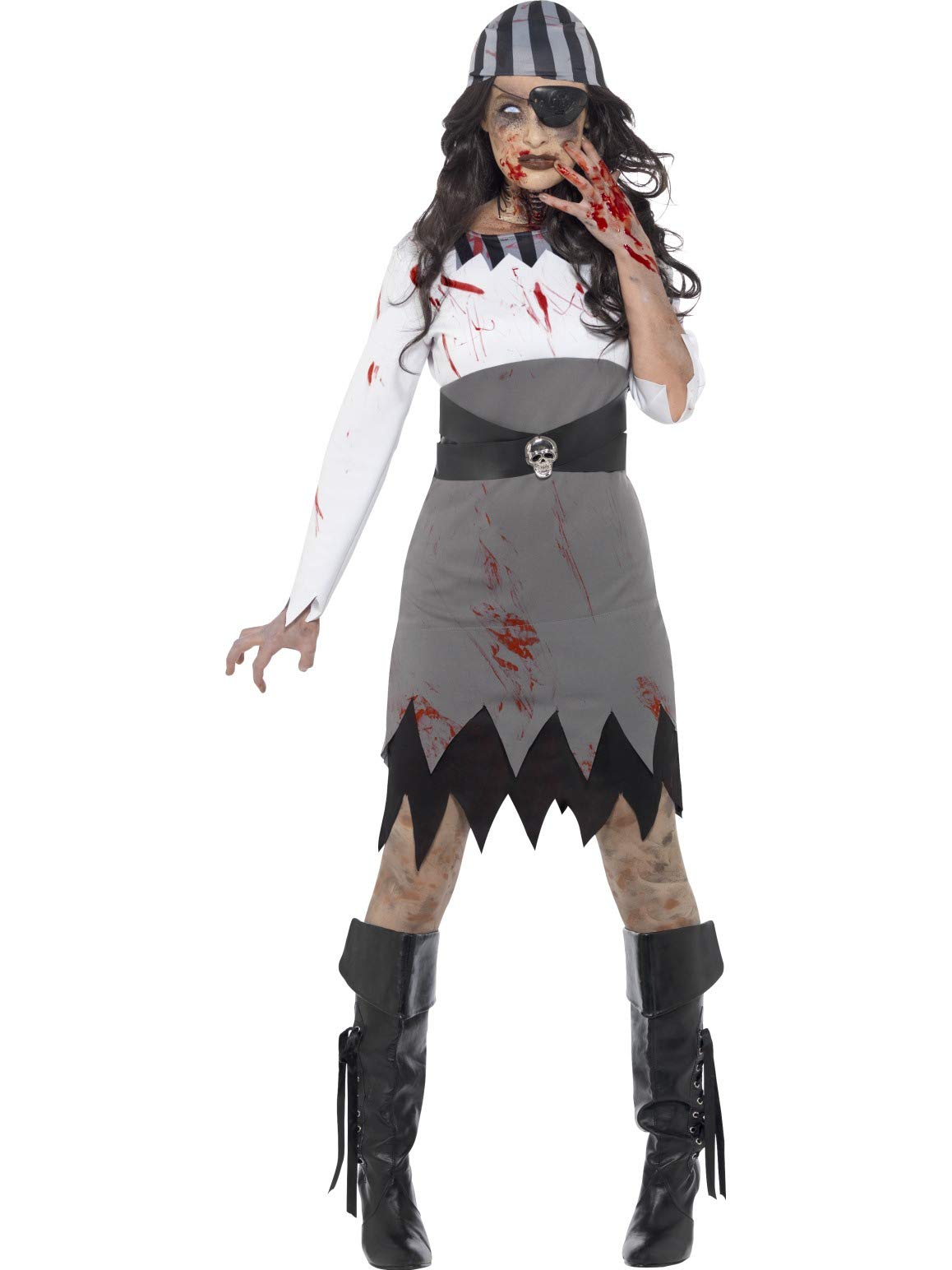 Smiffys Zombie Pirate Lady Costume, Grey with Dress, Headscarf & Eyepatch, Halloween Zombie Alley Fancy Dress, Zombie Dress Up Costumes