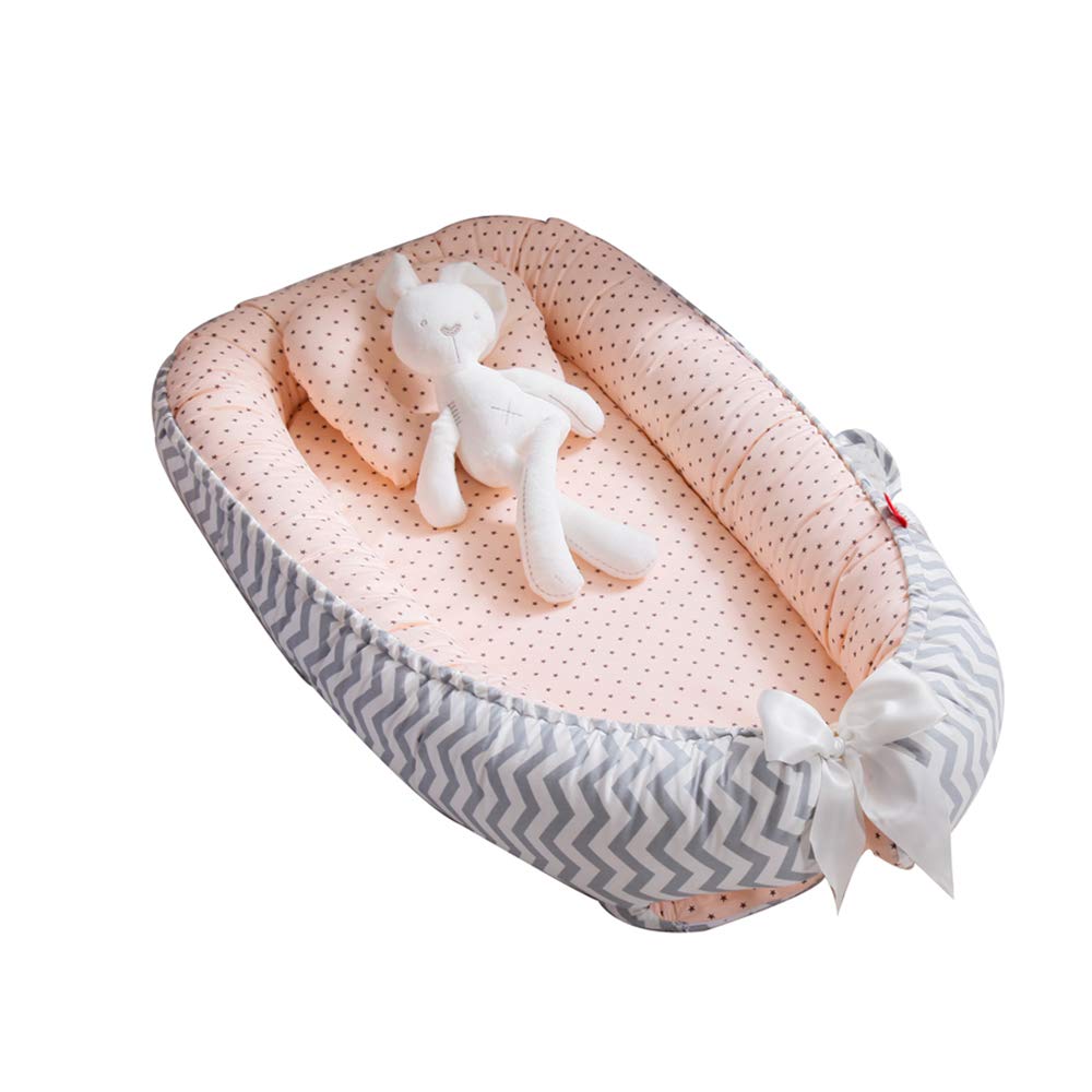TEALP Multifunctional Baby Nest, Newborn Baby Lounger, Infant Sleeping Nest/Pods Breathable 100% Cotton Portable Crib for Bedroom/Travel 0-24 Months, Pink Wave Star