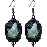 Dreuyet Gothic Ghost Cameo Earrings for Women Vintage Crystal Glass Cute Ghost Fire Pumpkin Earring Goth Mystic Victorian Earring Punk Style Halloween Boo Earrings Jewelry