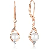 Vinoya 925 Sterling Silver Freshwater Cultured Pearl Earrings White/Yellow/Rose Gold Plated Cubic Zirconia infinity Pearl Dangle Drop Earrings for Women