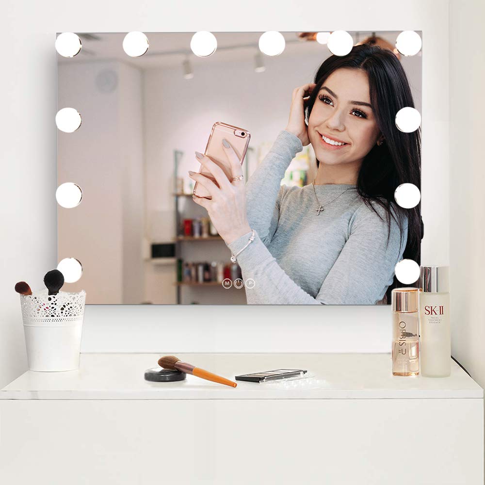 FENCHILIN Large Vanity Mirror with Lights, Hollywood Lighted Makeup Mirror with 15 Dimmable LED Bulbs for Dressing Room & Bedroom, Tabletop or Wall-Mounted, Slim Metal Frame Design, White : Beauty