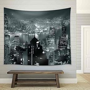 Hong Kong City Skyline at Night with Victoria Harbor and Skyscrapers - Fabric Wall Tapestry Home Decor - 51x60 inches