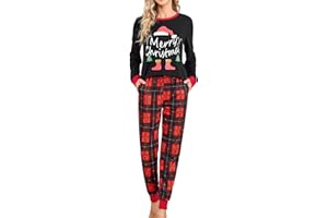 difficort Womens Christmas Pajamas Long Sleeve Pj Set Soft Plaid Pants Sleepwear with Pockets