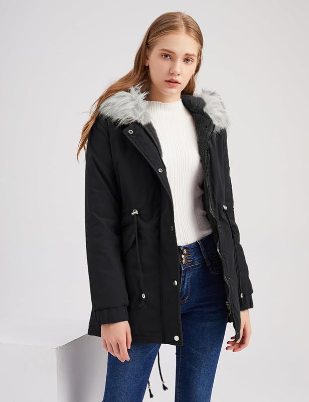 Manteau Femme Hiver Veste Polaire Chaud Parka Manches Longues Blouson Zippée À Capuche Hooded Coat Sweat-Shirts Outercoat avec Poches, Nior, M