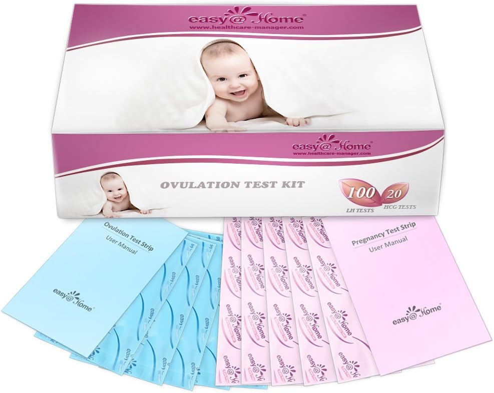 Easy@Home 100 Ovulation (LH) and 20 Pregnancy (HCG) Test Strips Kit, FSA Eligible, Powered by Premom Ovulation Predictor iOS and Android APP, 100 LH + 20 HCG: Health & Personal Care