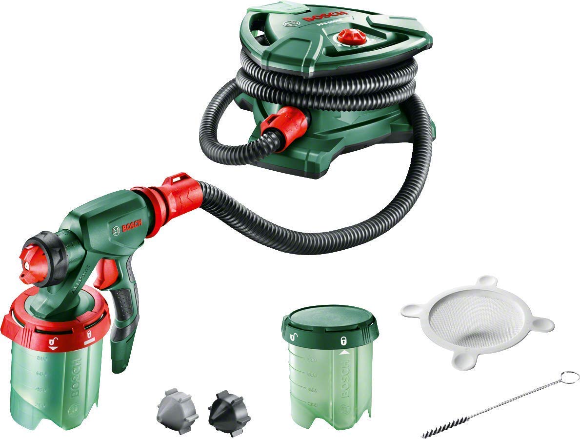 Bosch PFS 5000 E - Sistema de pulverización de pintura (1200 W, 2 depósitos para pintura de 1000 ml, boquilla para pintura de paredes, barniz, esmalte, filtro para pintura, cepillo de limpieza, caja de cartón)