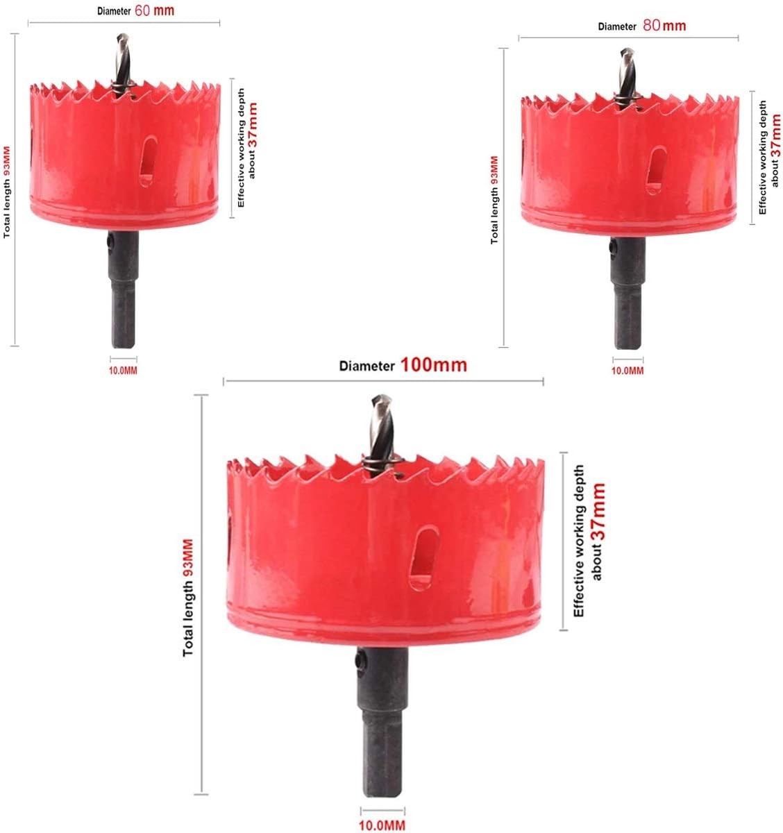 JOERRES 3-Piece Bi-Metal Hole Saw Set (60mm, 80mm, 100mm), M42 High-Speed Steel Cutter for Metal Wood, Plastic, Drywall - Image 3