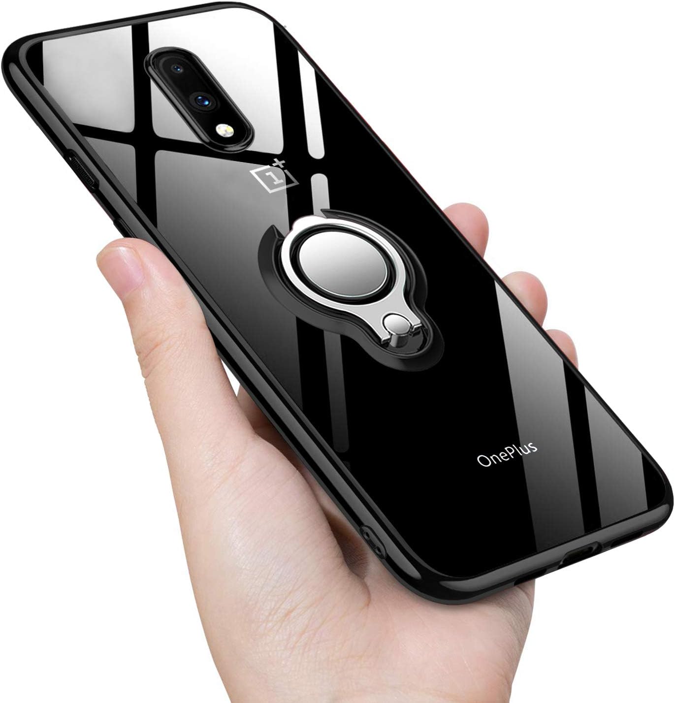 OnePlus 7 Case Clear Soft TPU Silicone Case with 360 Rotatable Ring Kickstand Holder Transparent Shock Absorption Slim Fit Flexible Rubber Cover for OnePlus 7 - Black