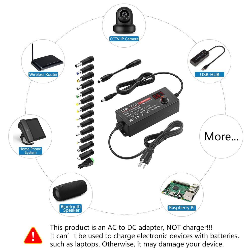 SHNITPWR 60W Universal Power Supply DC 3V 4V 4.5V 5V 6V 7V 7.5V 8V 9V 10V 11V 12V Adjustable Variable Power Adapter 100V-240V AC to DC Converter 1A 2A 2.5A 3A 4A 5A with 14 Tips & Polarity Converter