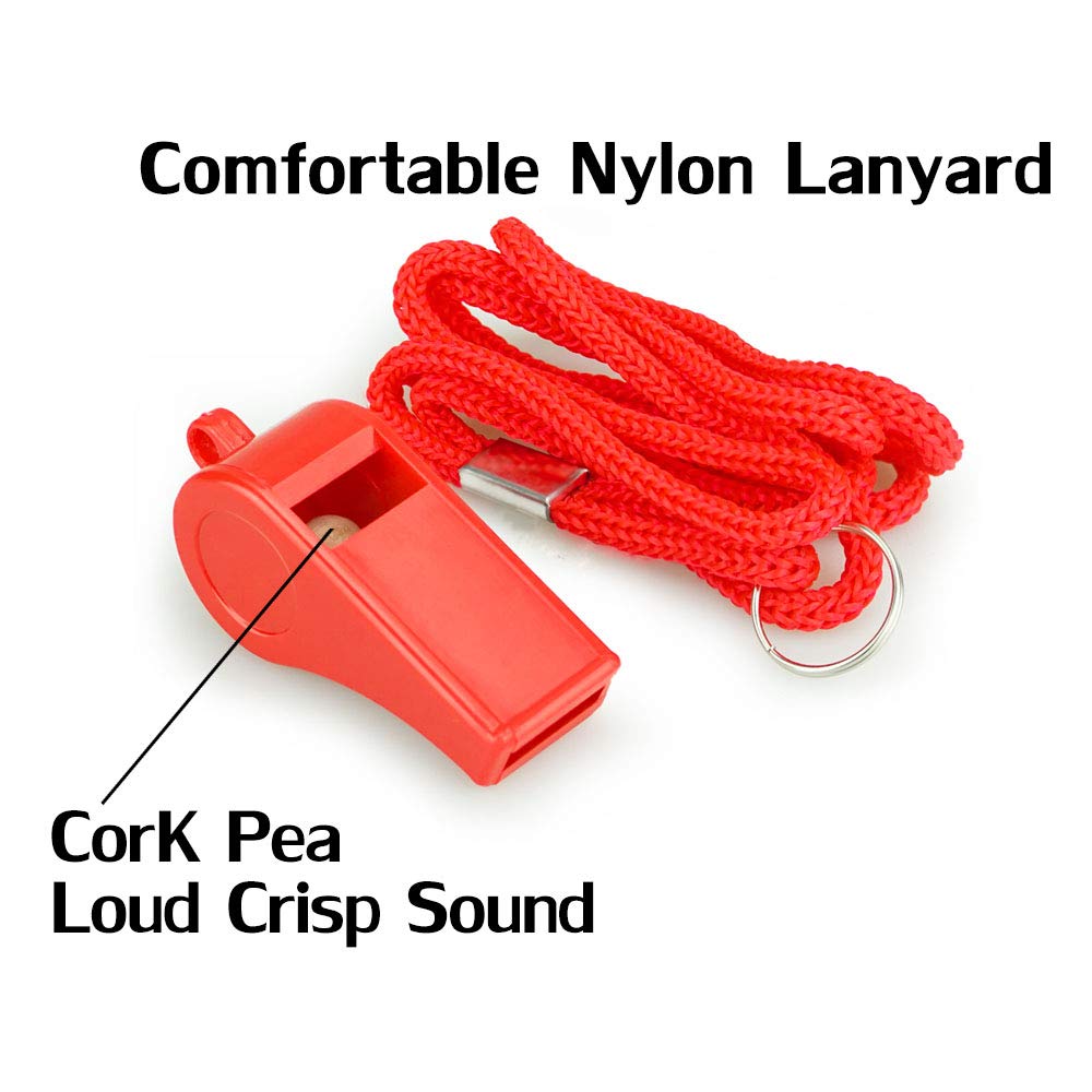 Red Emergency Whistles with Lanyard, Loud Crisp Sound, 2 Packs Plastic Whistles Ideal for Lifeguard, Self-Defense and Emergency
