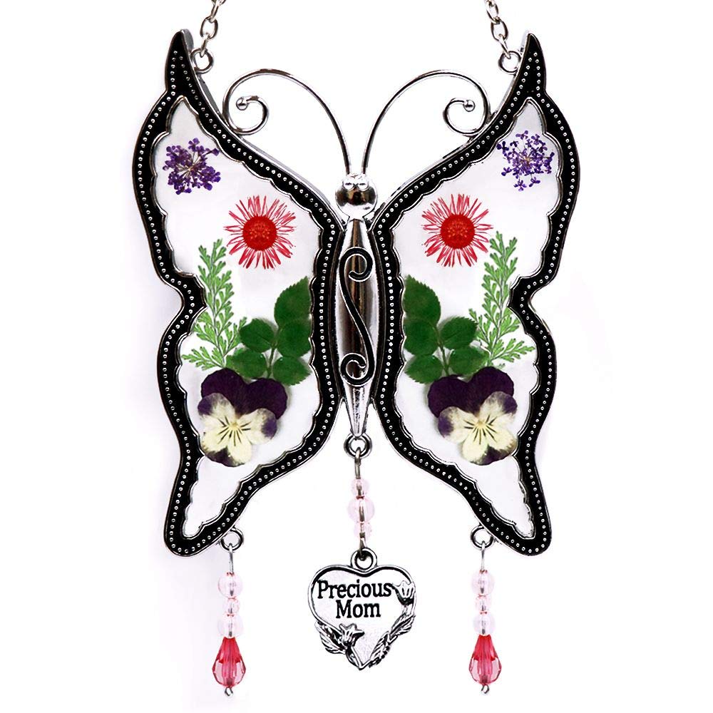 Karen Secret Gardern Precious Mom Pendant Butterfly Suncatcher Wind Chimes Gifts for Mom, Mother's Day Mom Birthday from Daughter, Pressed Flower Between Glass Silver Metal Engraved Charm