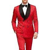 UNINUKOO Men Suits Slim Fit 2 Piece Floral Double Breasted Suit Men Formal Prom Wedding Tuxedo Jacket Pants with Bowtie