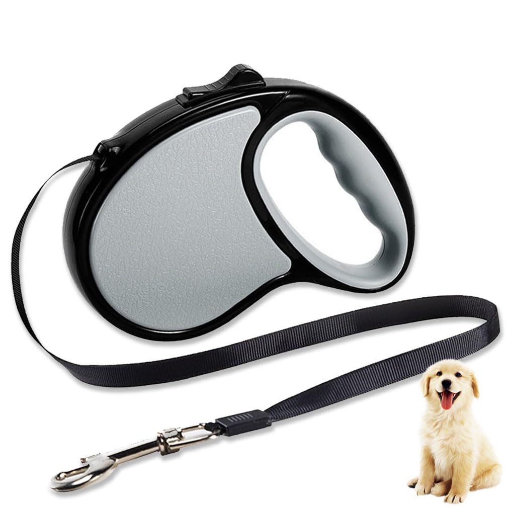 Retractable Dog Lead 5M/16FT 360°Tangle-Free Dog Lead with Anti-Slip Handle One-Button Brake&Lock for Small Medium Dogs (Grey)