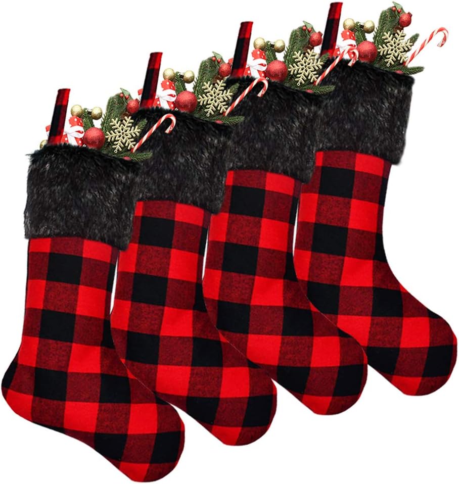 Stockings & Holders - Yoochee 4 Pack Christmas Stockings, 18 inch Large Buffalo Plaid Stockings for Christmas Decoration, Durable Red and Black Checked Xmas Stocking (Plush Black Cuff, Black&Red)