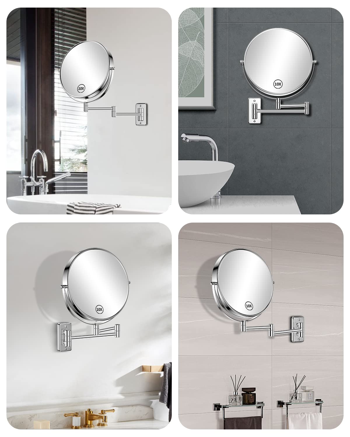 Gospire 9 Inch Extra Large Wall Mounted Mirror with 1X/10X Magnification, 360° Swivel & Extendable, Chrome Polished Finish for Bathroom Vanity, Shaving & Makeup (Men & Women)