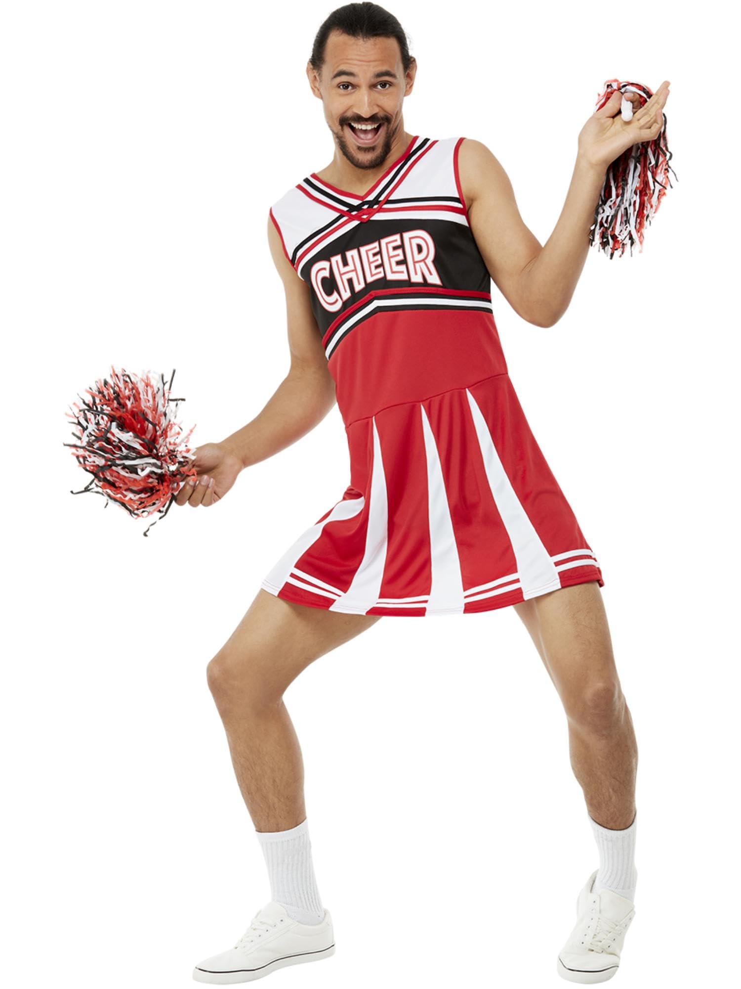 Smiffys Give Me A...Cheerleader Costume, White & Red Dress & Pom Poms, Funny Fancy Dress, Comedy Dress Up Costumes