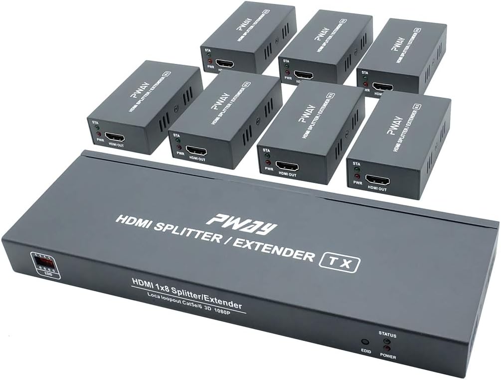 HDMI Extender Splitter 1x7 7 Port Over CAT5E/CAT6/CAT7 Ethernet Cable with an HDMI Loop Out & POC Function & EDID Management -Up to 50m (165ft) at 1080p 60Hz