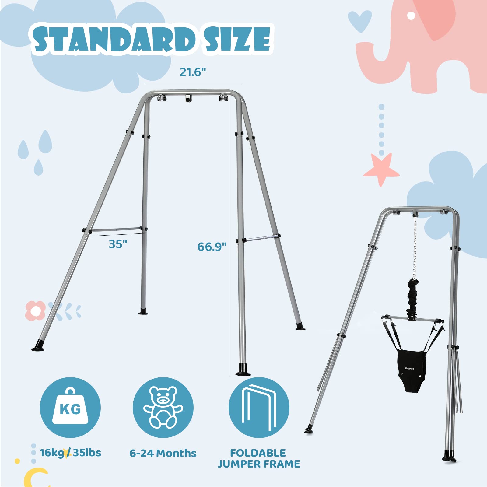 Cowiewie 2 in 1 Baby Jumper, with Strong Support Stand and Baby Walking Harness Function, Fun Activity for 6-24 Months Old
