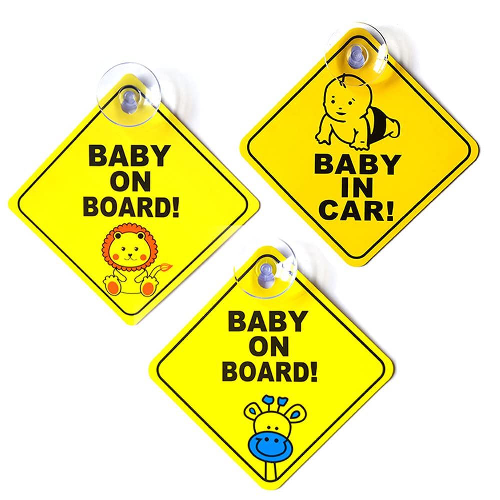 Miss-shop Baby on Board Car Sticker, Baby Car Sticker, 3 Pack PVC Square Children Safety Caution Sign with Suction Cup Safety Signs for Cars
