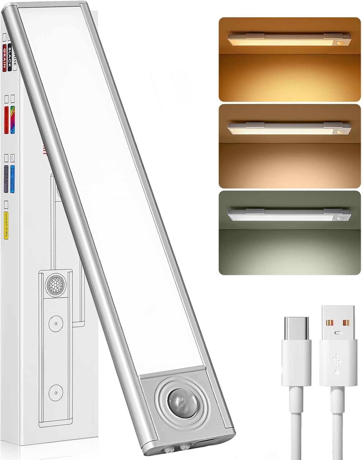 Yiduohua Under Cabinet Kitchen Lights, 20cm LED Motion Sensor Lights Indoor, 3 Color Stepless Dimming & 3 Modes Rechargeable Wardrobe Lights for Cupboard, Kitchen, Bedroom, Hallway (1 Pc)