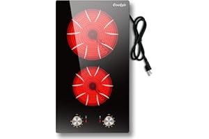 Cooksir 2 Burner Electric Cooktop, 12 Inch Electric Stove Top Built-in & Countertop, 110V Two Burner Electrical Cook Top with Knob Control, 9 Power Level, Over Heat Protection, 2000W, 110V Plug in
