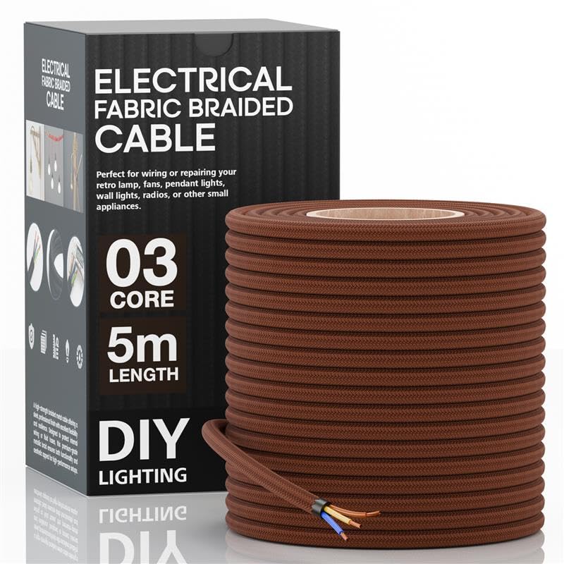 LEDSone 5M/16FT 3 Core Brown Antique Wire Braided Woven Cable, 3 Conductors 18 Gauge, Flexible Lighting Cord Cloth Covered Electrical Antique Cable, Modern Cloth Covered Vintage Fabric Wire