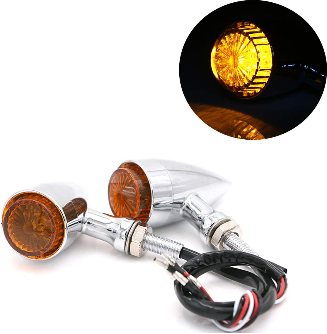 Motorcycle Turn Signal Light,Motorcycle Retro Style Bullet LED Turn Signal Flashlight Indicator Turn Signal Light (Chrome-Amber Lens)